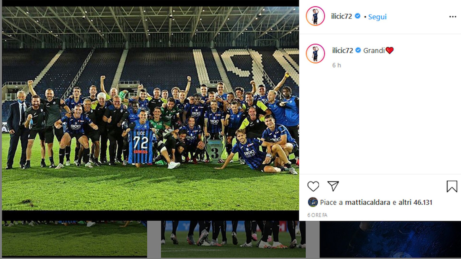 Atalanta, Ilicic ringrazia i compagni: "Grandi"
