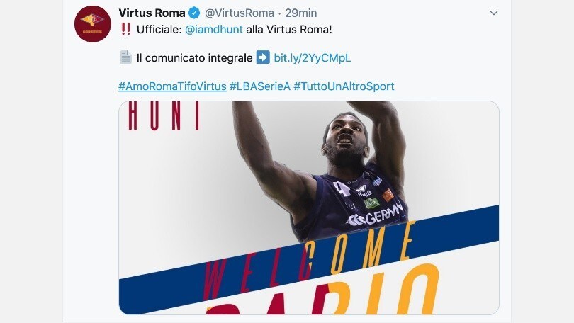 Virtus Roma, ecco Hunt: è ufficiale