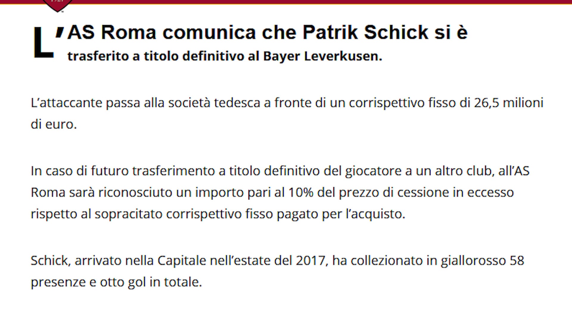 Roma, ufficiale la cessione di Schick al Bayer Leverkusen