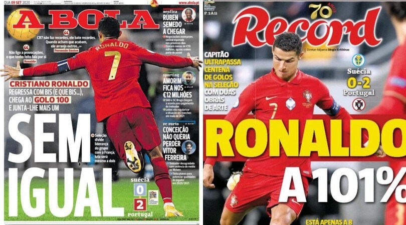 Ronaldo tocca quota 101 con il Portogallo: la stampa estera lo celebra