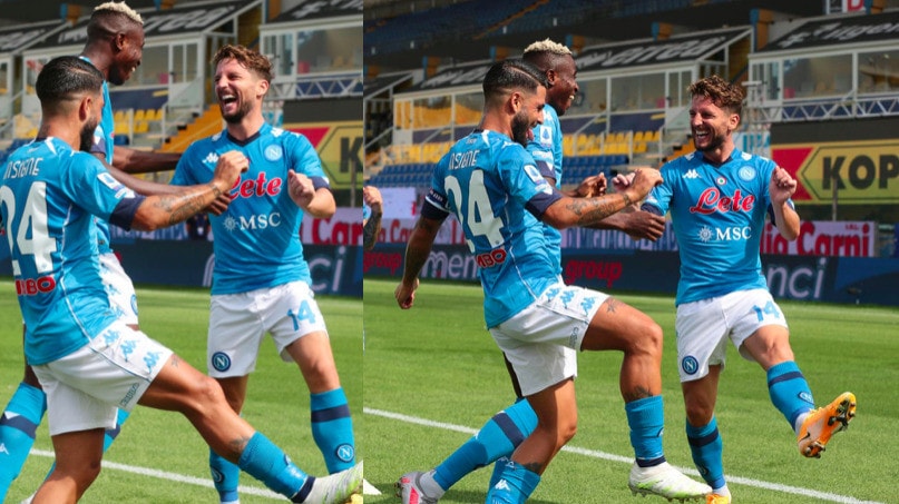 Napoli-Parma, l'esultanza di Mertens con Osimhen e Insigne