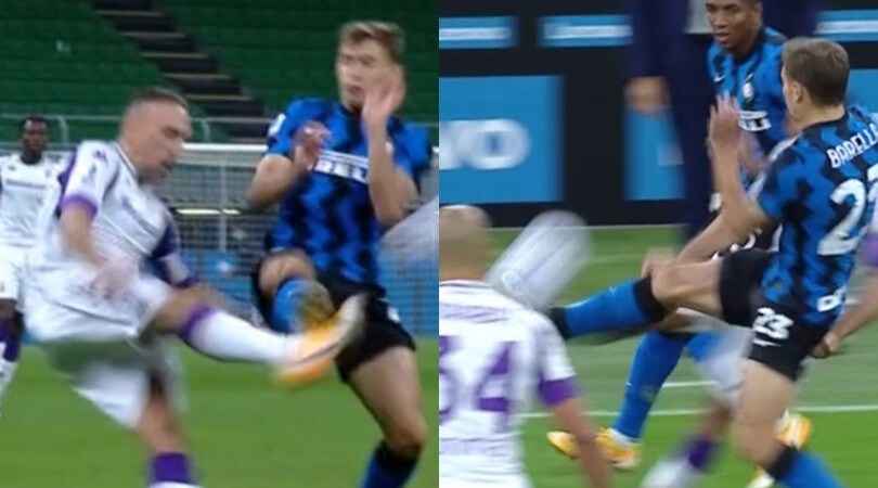 Inter-Fiorentina, entrataccia di Barella su Ribery: le immagini