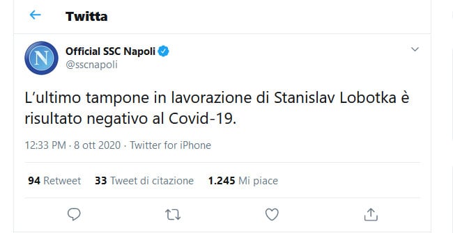 Covid-19: Napoli, il tampone di Lobotka è negativo
