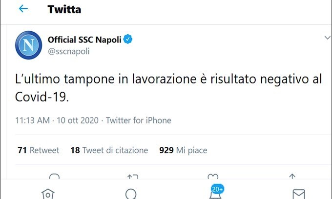 Napoli, ultimo tampone è risultato negativo