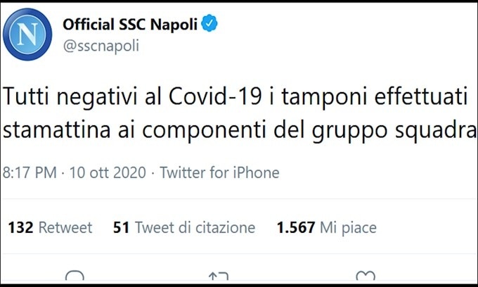 Napoli, tutti negativi i tamponi al Coronavirus