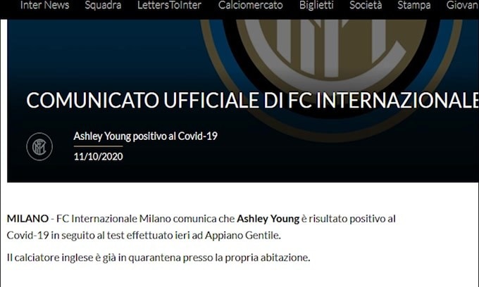 Inter: sesto positivo al Covid-19, è Young