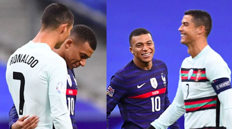 Ronaldo, chiacchierata e sorrisi con Mbappé prima di Francia-Portogallo