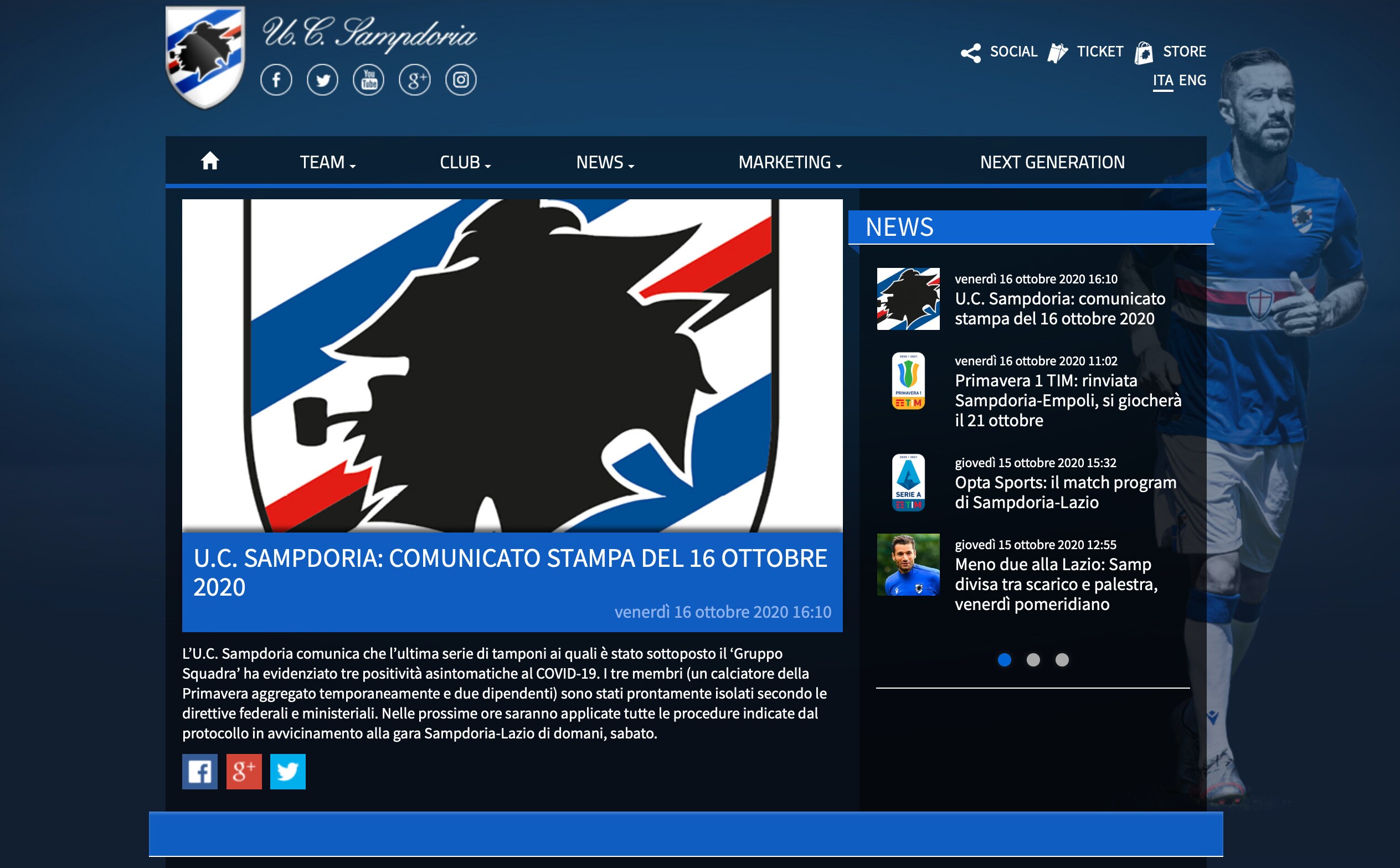 Sampdoria, 3 nuovi casi di coronavirus