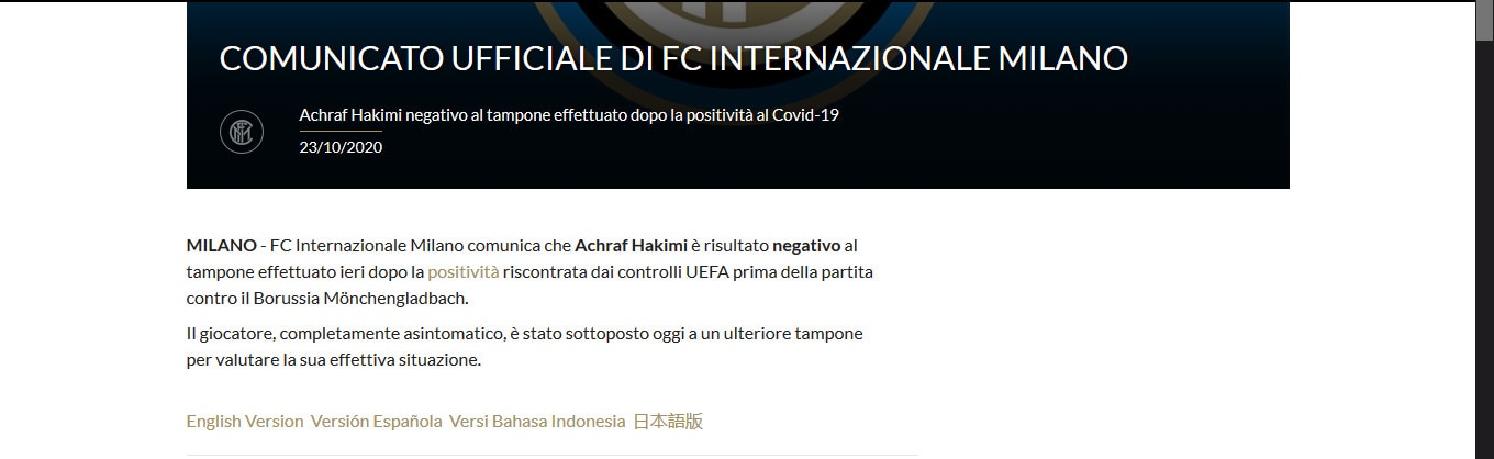 Inter, Hakimi negativo al tampone per coronavirus