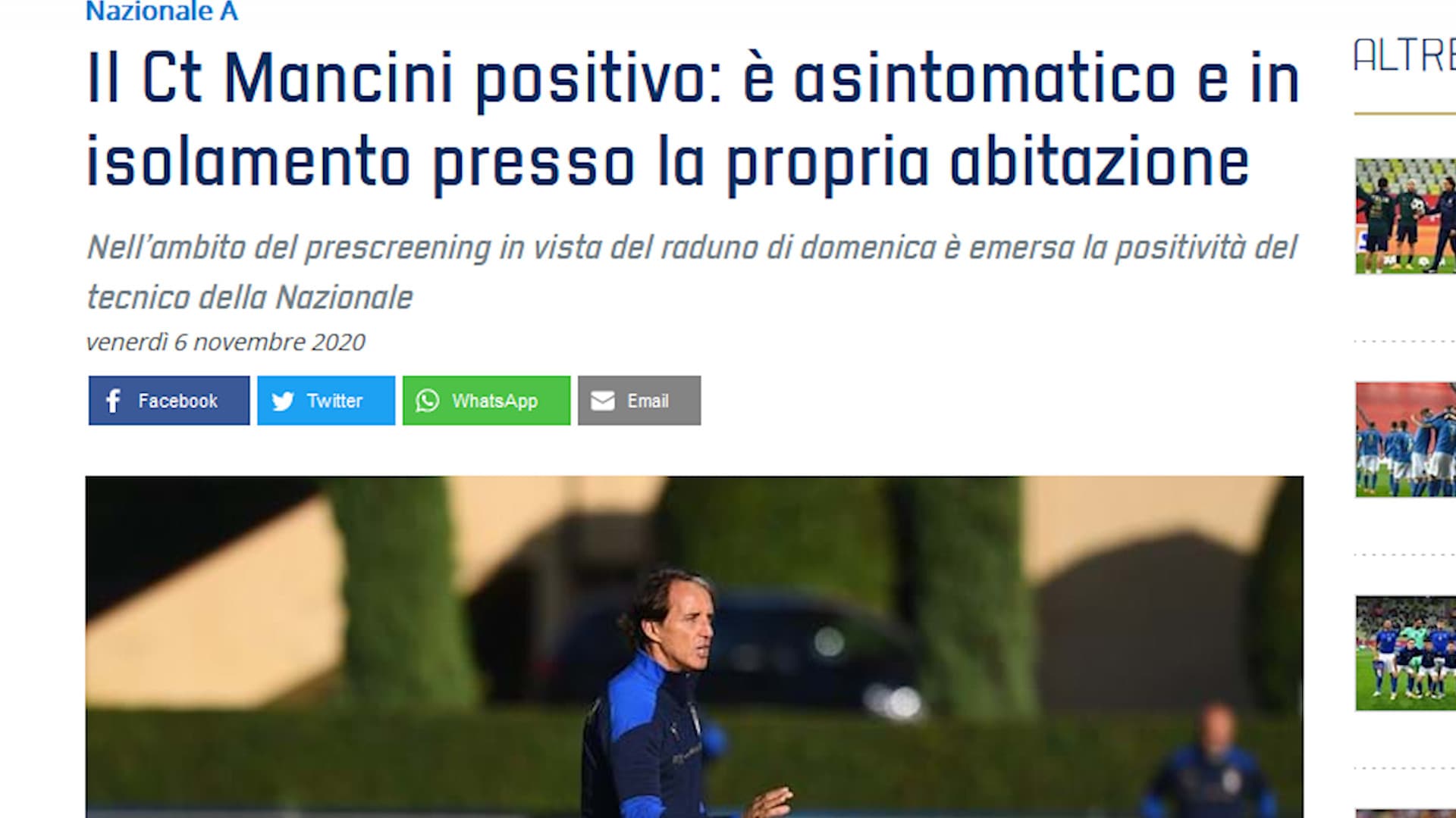 Italia, Roberto Mancini positivo al Coronavirus