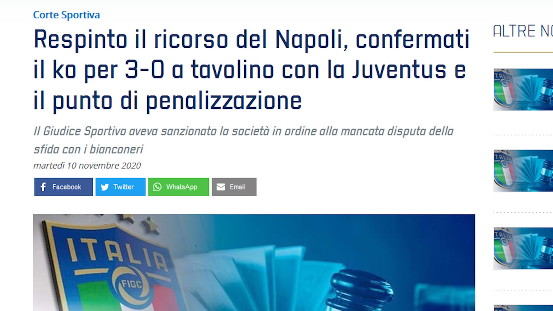 Juve-Napoli, respinto ricorso azzurro: confermati 3-0 e penalizzazione