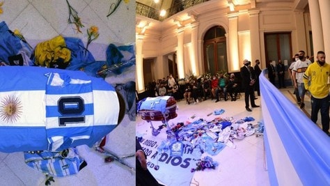 Maradona, la bara ricoperta di fiori, magliette e bandiere