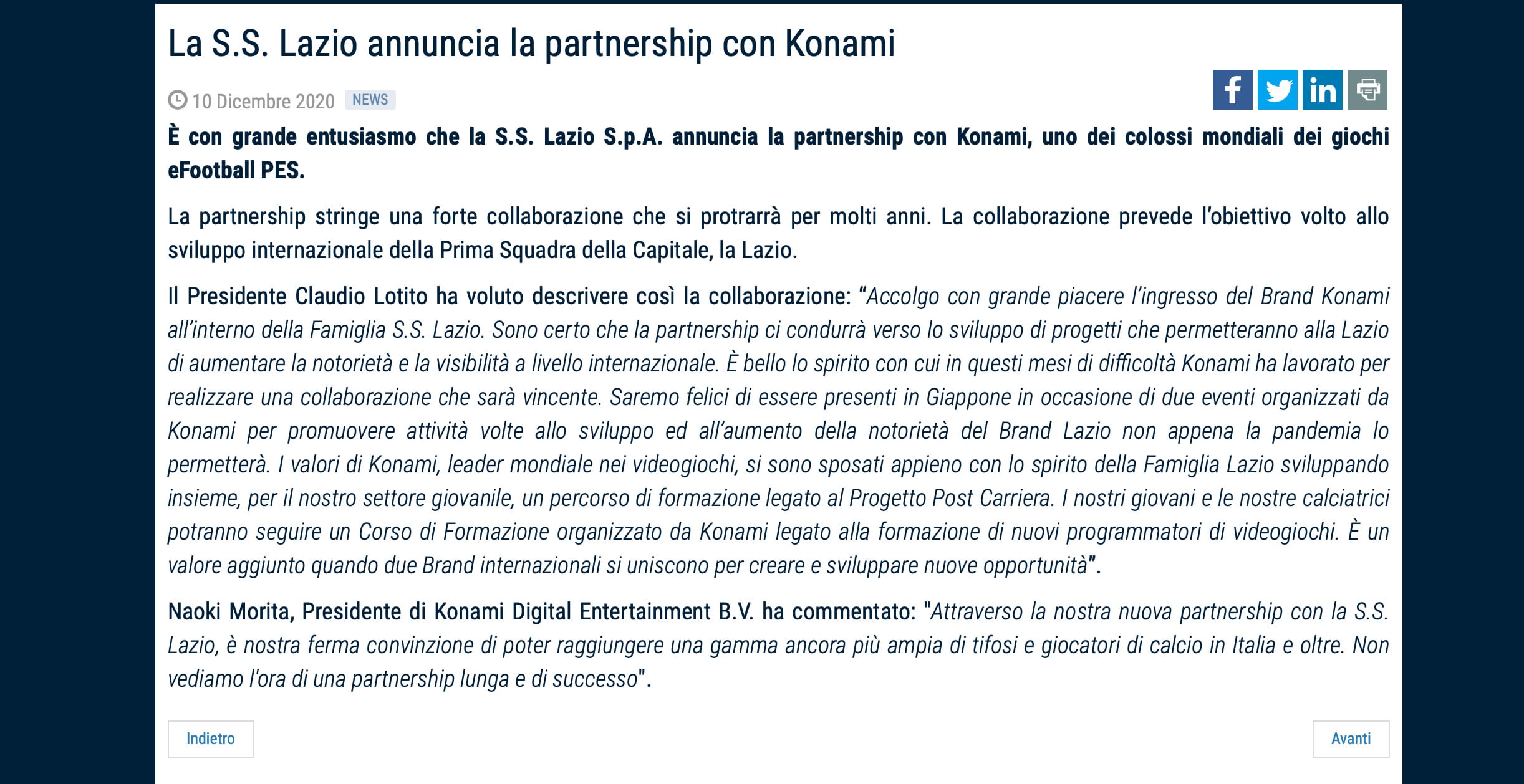 Lazio, siglata una partnership con Konami