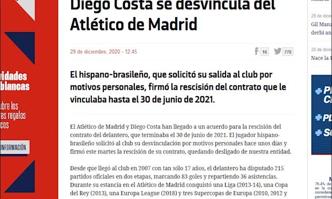 Mercato, Diego Costa saluta l'Atletico Madrid