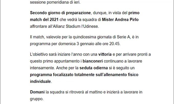 Verso Juve-Udinese, Pirlo e la squadra proseguono i preparativi