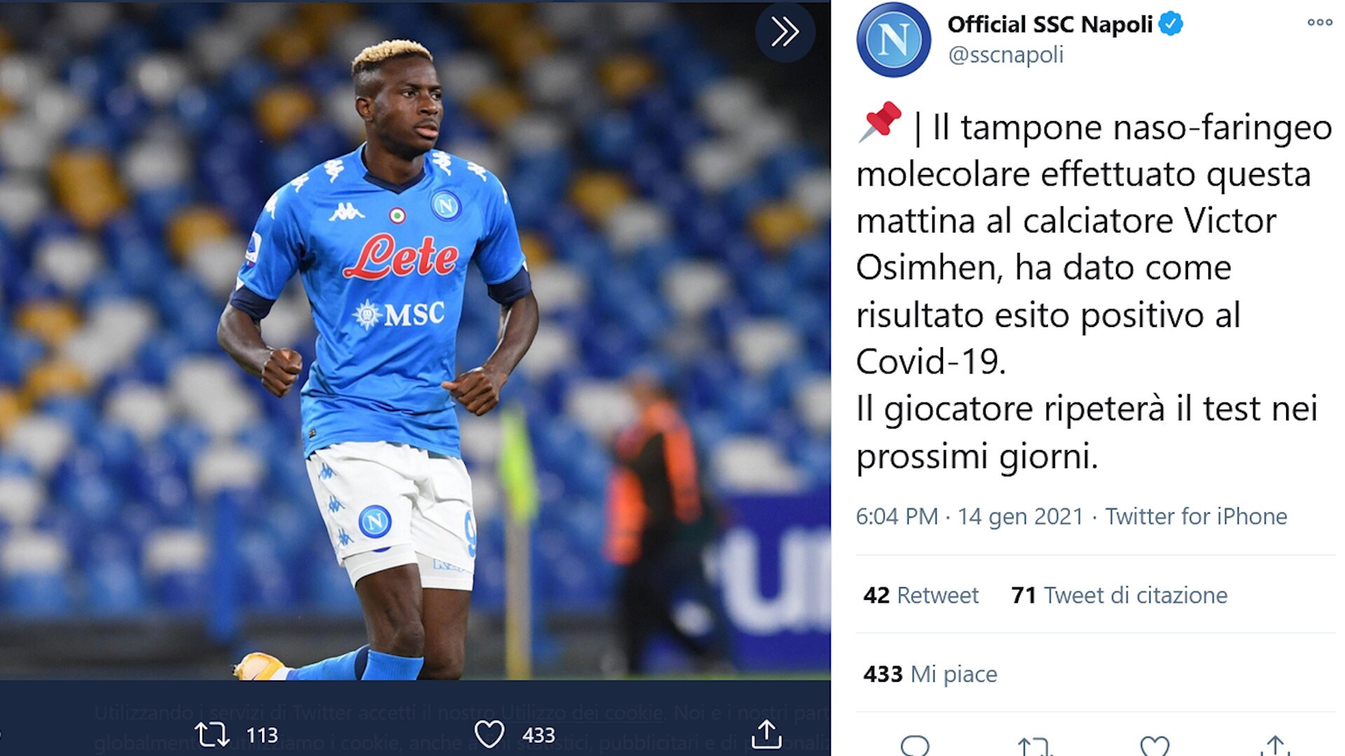 Napoli, Osimhen ancora positivo al tampone