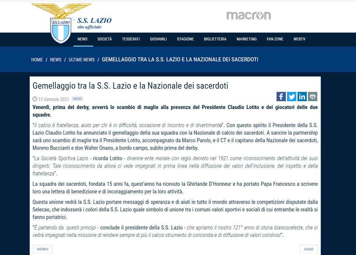 Lazio, stretto patto di gemellaggio con la Nazionale dei sacerdoti