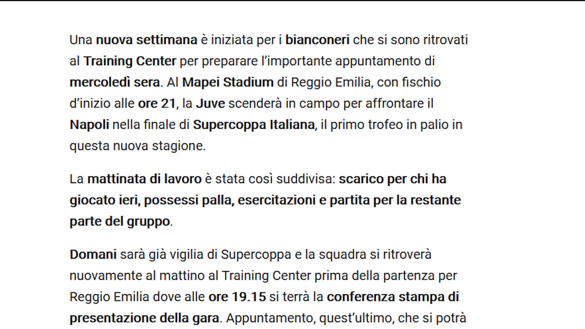 La Juve riprende il lavoro in vista del Napoli