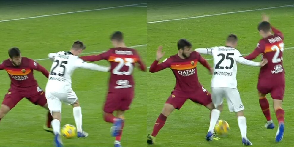 Roma-Spezia, il contatto fra Cristante e Maggiore: per l'arbitro è rigore