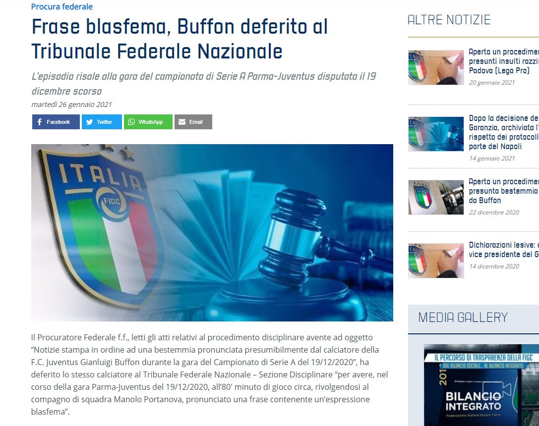 Juve, Buffon deferito per espressione blasfema