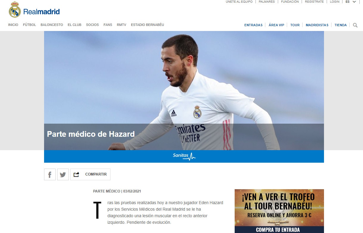 Real Madrid, stop di almeno 1 mese per Hazard