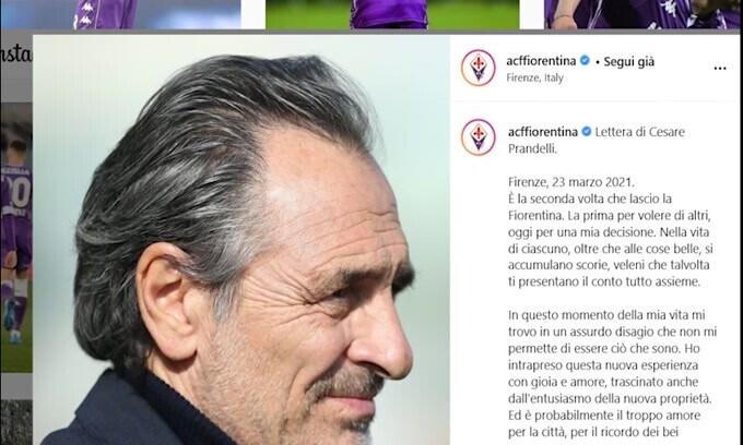 Fiorentina, Prandelli e la commovente lettera di addio