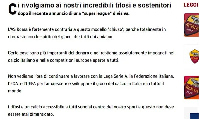 La Roma prende posizione: "No alla Superlega"