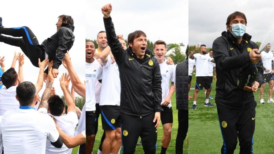 Inter, festa scudetto: Conte lanciato in aria, poi si scatena