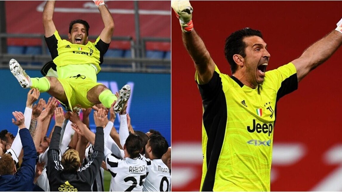 Buffon lanciato in aria dai compagni dopo la vittoria della Juve