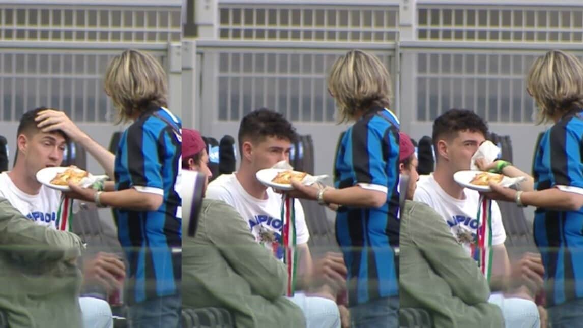 Bastoni mangia la pizza, la mamma gli pulisce la bocca