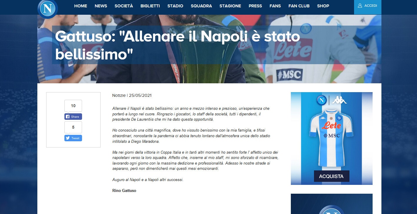 Gattuso saluta il Napoli: "Allenarti è stato bellissimo"