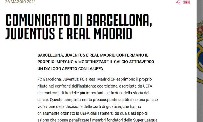 Superlega, duro comunicato di Real,Barca e Juve contro l'Uefa