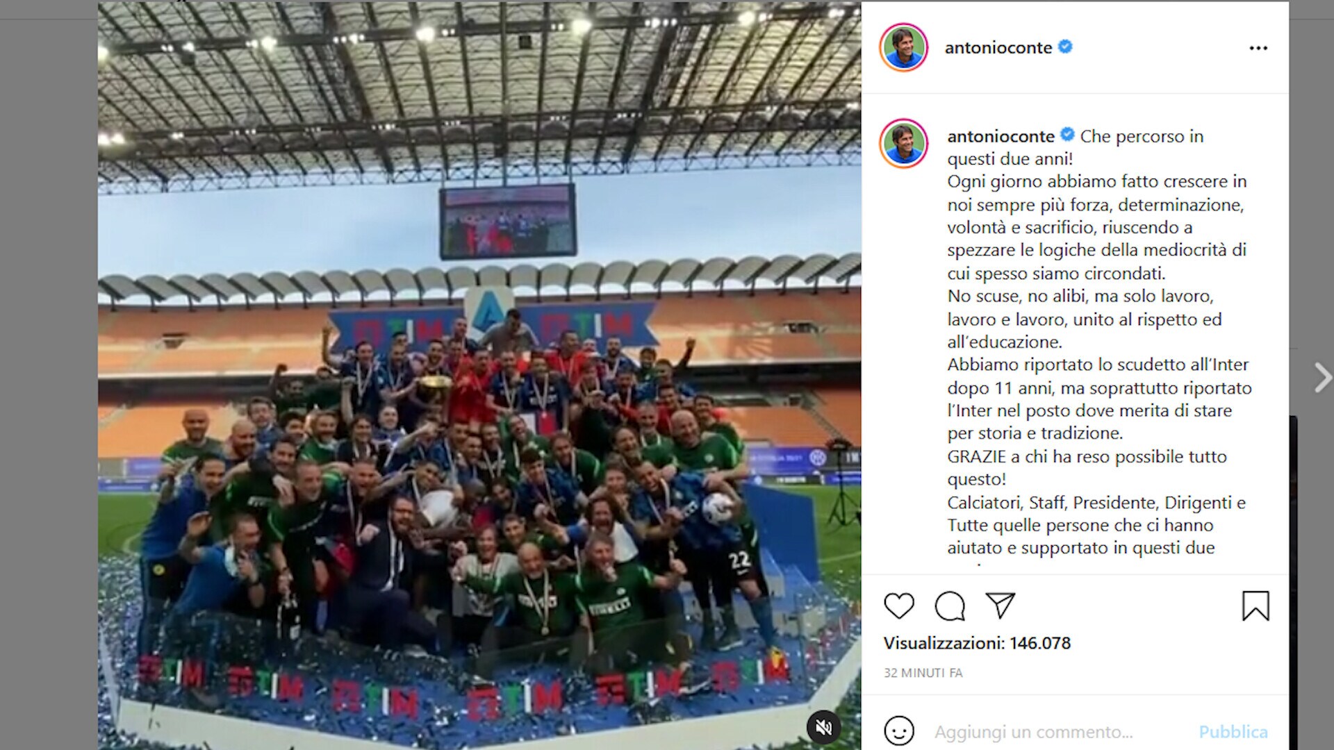 Conte saluta l'Inter: "Che percorso in questi due anni"
