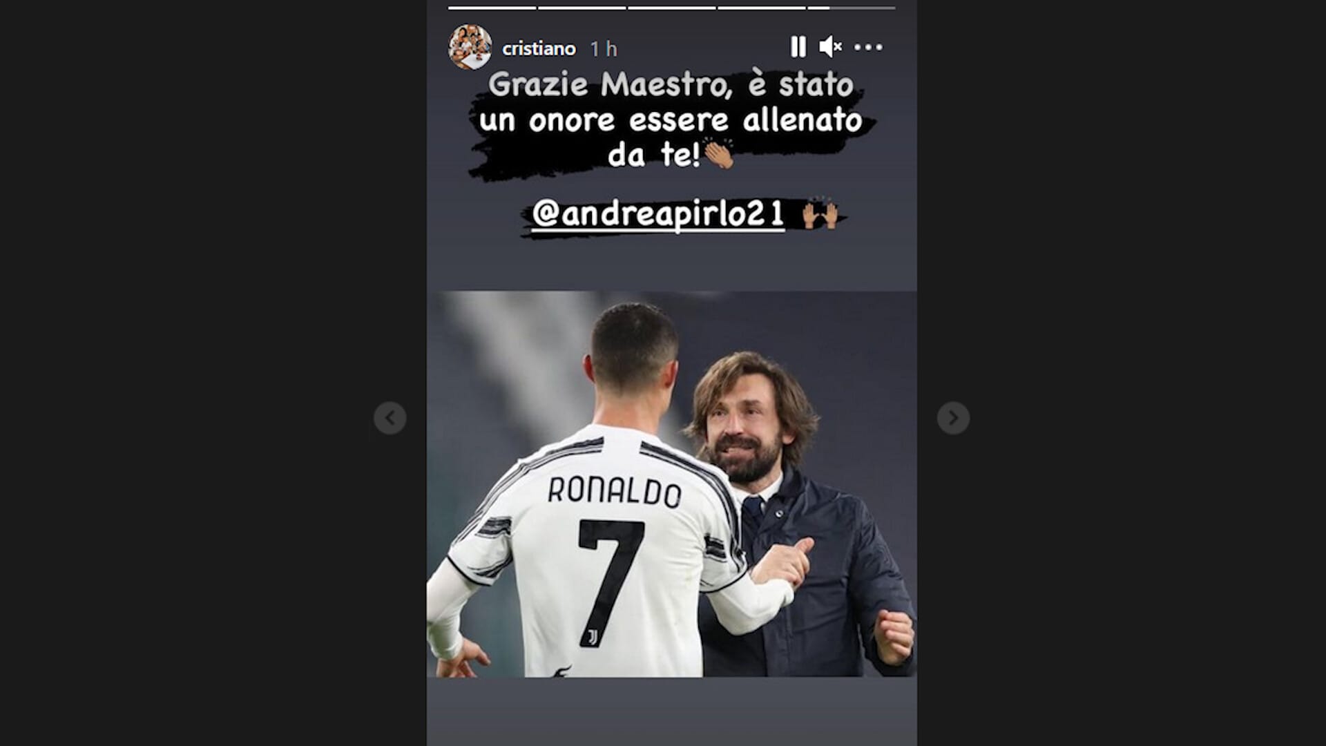 Juve, Ronaldo saluta Pirlo: "Grazie Maestro. È stato un onore"