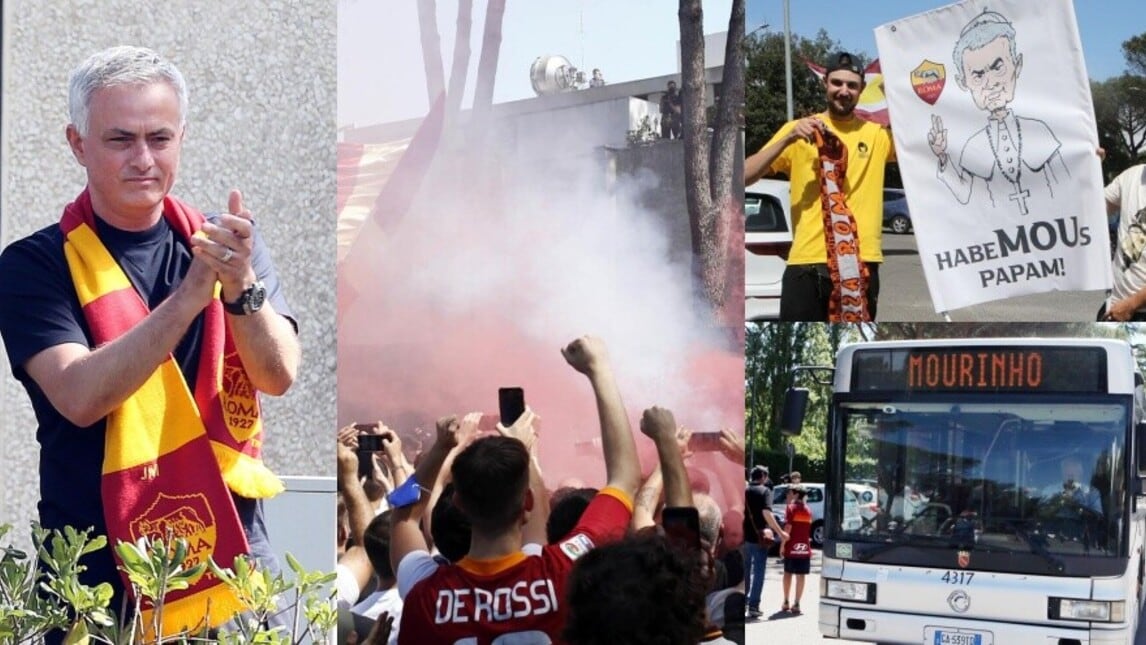 Mourinho si affaccia e i tifosi della Roma impazziscono