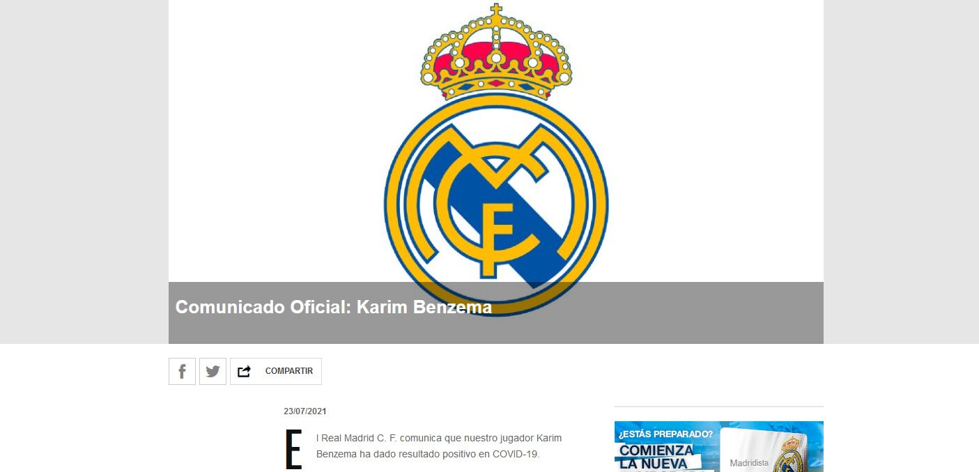 Real Madrid, Benzema positivo al Covid