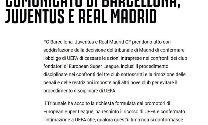 Juve, Real Madrid e Barcellona: "Avanti con la Superlega"