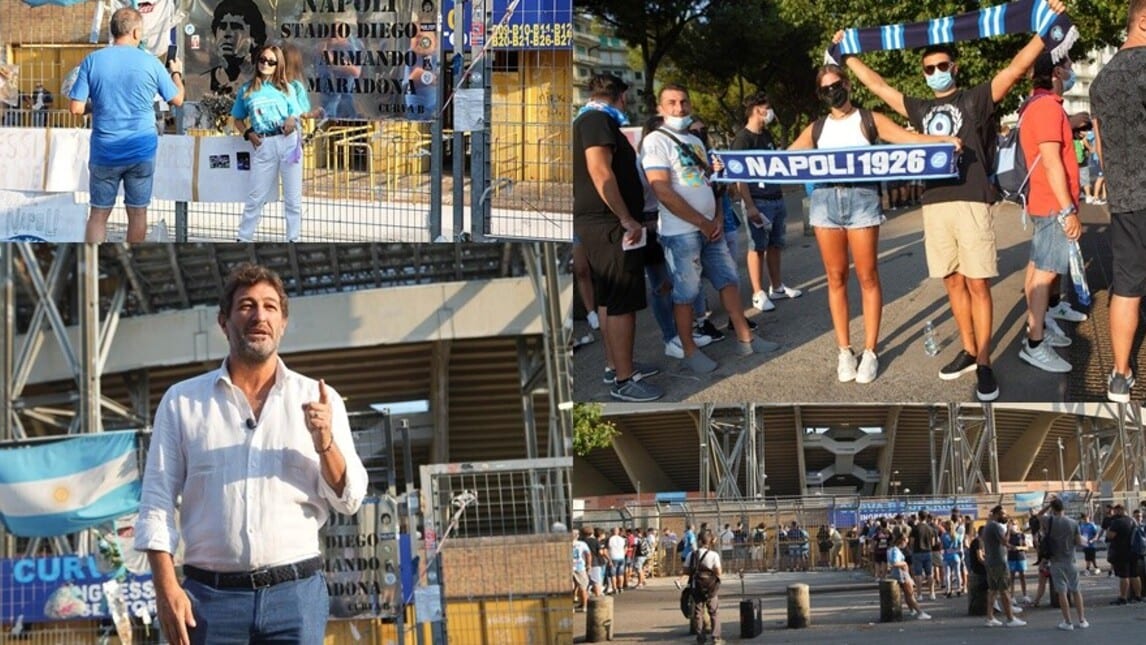 Napoli, l'entusiasmo dei tifosi al Maradona: c'è anche Ciro Ferrara