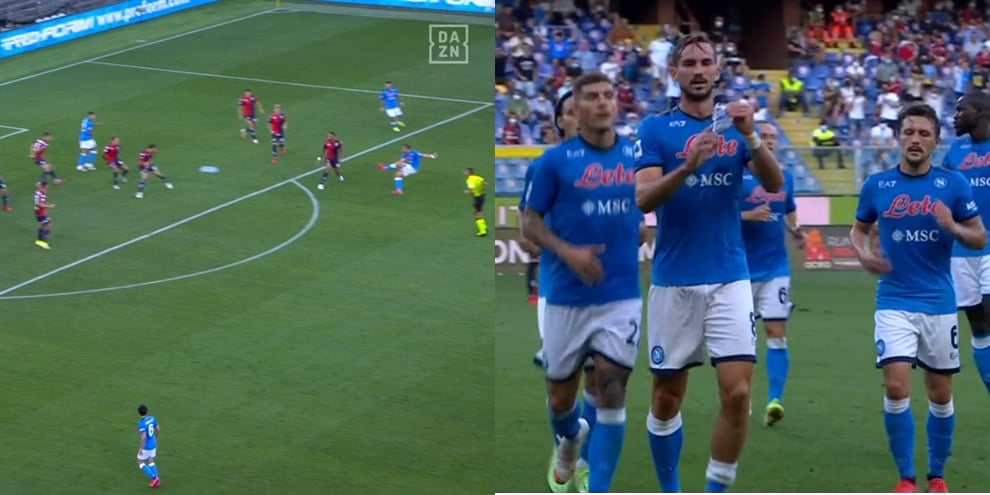 Napoli, Fabian Ruiz fa gol e festeggia baciando il parastinco