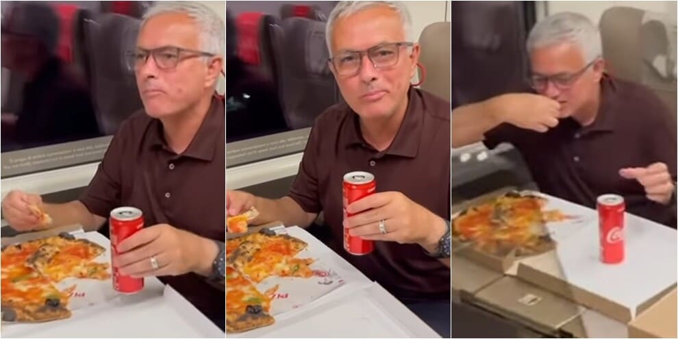 Roma, Mourinho festeggia sul treno: “Niente di meglio di una pizza“