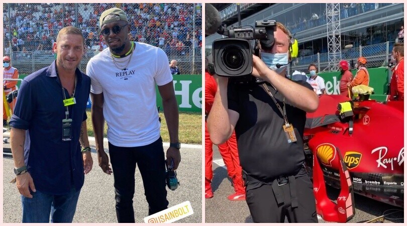 Totti a Monza per la Formula 1. Foto con Bolt, poi riprende un cameraman