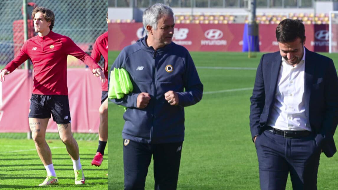 Roma al lavoro per il Genoa. Mourinho, risate con Tiago Pinto
