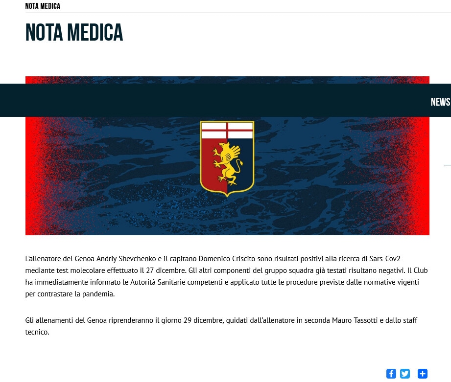 Genoa, positivi al Covid-19 Shevchenko e Criscito