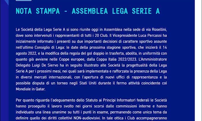 Serie A 2022-23, c'è la data di partenza: è il 14 agosto