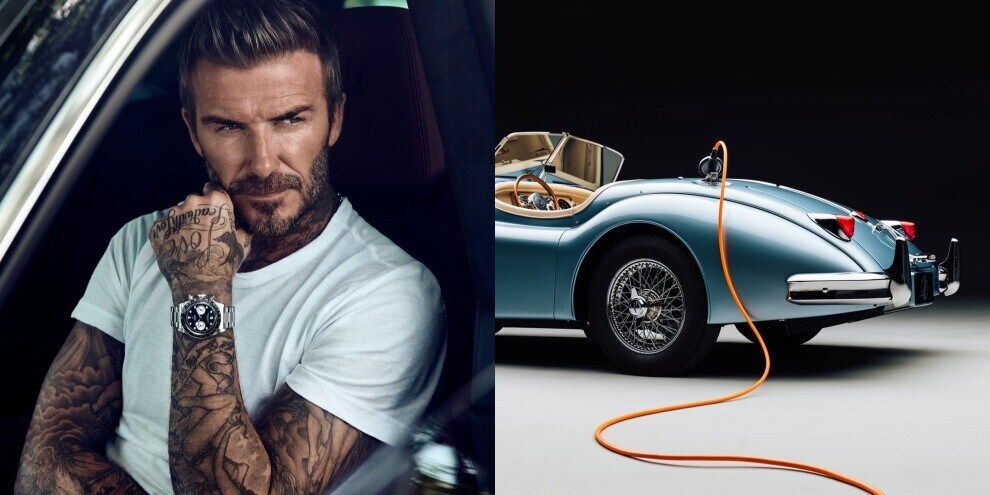 David Beckham e la Jaguar elettrica del 1954 per il matrimonio del figlio