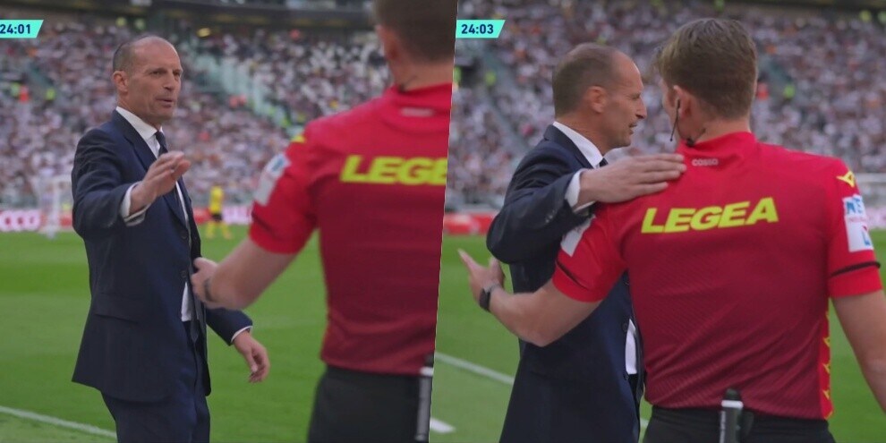 Allegri, confronto con il quarto uomo durante Juve-Bologna