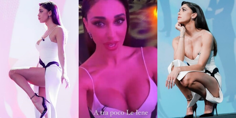 Belen Rodriguez, vestito bianco e scollatura da urlo a "Le Iene"
