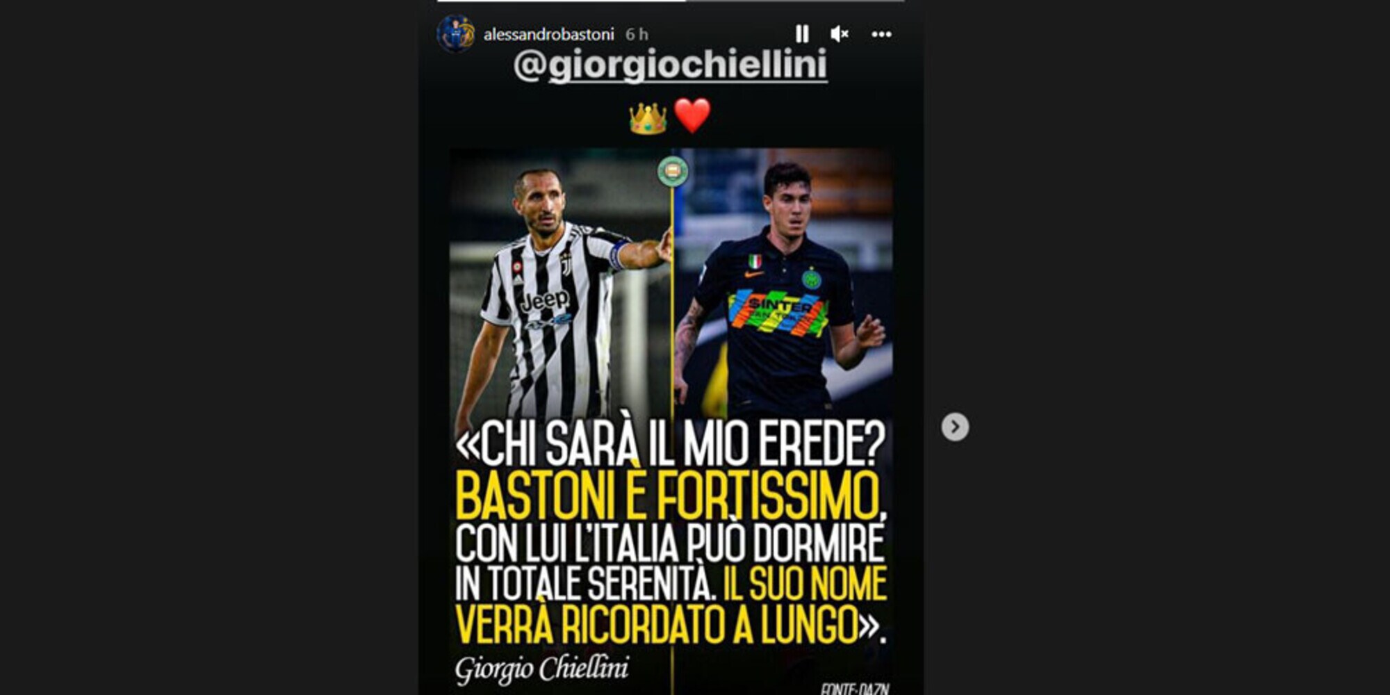 Chiellini “nomina“ Bastoni proprio erede: il ringraziamento social del difensore dell'Inter