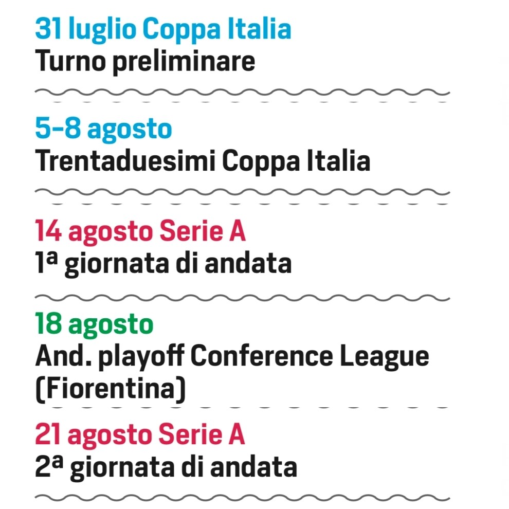 La stagione parte il 31 luglio con la Coppa Italia e nel weekend del 14 agosto è già tempo di Serie A