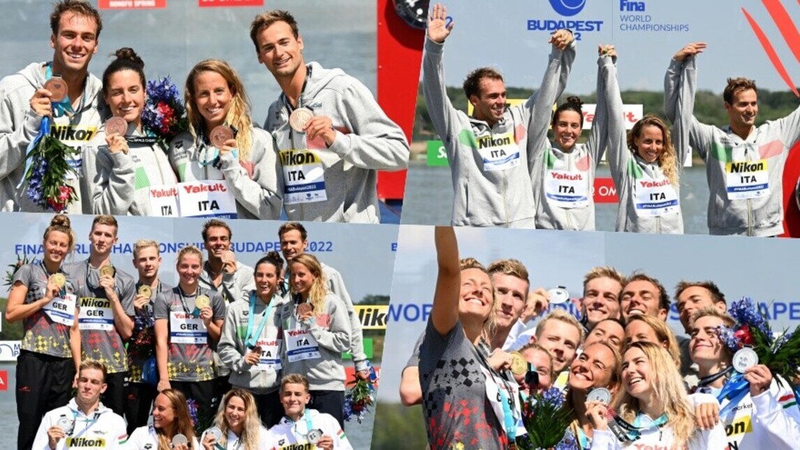 Paltrinieri e l'Italia festeggiano il bronzo: selfie sul podio